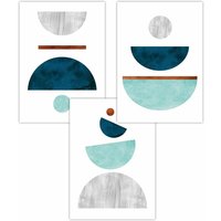 ARTZE Set of 3 Teal, Mint Green & Grey Abstract Mid Century Geometric Art Posters in Teal | Size: W42 cm x H59 cm