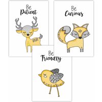 ARTZE Set of 3 Scandi Nursery Fox Animals Quote Yellow Grey Art Posters in Bright Yellow | Size: W42 cm x H59 cm