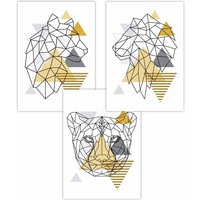 ARTZE Set of 3 Geometric Line Art Yellow Big Cats Set Art Posters | Size: W50 cm x H70 cm