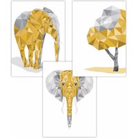 ARTZE Set of 3 Geometric Yellow Grey Elephant Set Art Posters | Size: W59 cm x H84 cm
