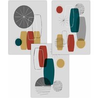 ARTZE Set of 3 Mid Century Graphical Teal Red Yellow Art Posters | Size: W42 cm x H59 cm