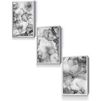 ARTZE Set of 3 Silver Framed Abstract Floral Fluid in Grey Wall Art in Mid Grey | Size: W33 cm x H45 cm x D20mm