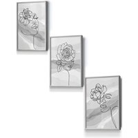 ARTZE Set of 3 Light Grey Framed Female Line Art Floral Faces on Grey Wall Art | Size: W53 cm x H73 cm x D20mm