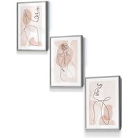 ARTZE Set of 3 Light Grey Framed Coral Pink Abstract Line Art Female Wall Art | Size: W53 cm x H73 cm x D20mm