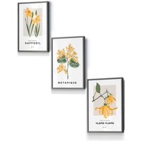ARTZE Set of 3 Dark Grey Framed Vintage Graphical Yellow Spring Flower Market Wall Art in Bright Yellow | Size: W33 cm x H45 cm x D20mm