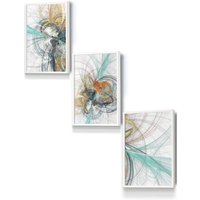 ARTZE Set of 3 White Framed Abstract Aqua Grey Mixed Media Fractal Wall Art | Size: W45 cm x H62 cm x D20mm