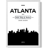 ARTZE Atlanta Black & White City Skyline Framed Print SIZE: A3 with White Frame | Size: A2