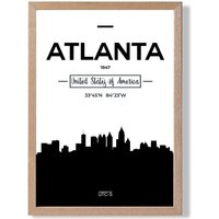 ARTZE Atlanta Black & White City Skyline Framed Print SIZE: A3 with Oak Frame | Size: A2