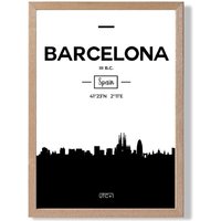 ARTZE Barcelona Black & White City Skyline Framed Print SIZE: A3 with Oak Frame | Size: A4