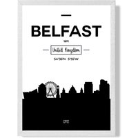 ARTZE Belfast Black & White City Skyline Framed Print SIZE: A3 with White Frame | Size: A4