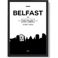ARTZE Belfast Black & White City Skyline Framed Print SIZE: A3 with Black Frame | Size: A2