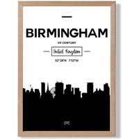ARTZE Birmingham Black & White City Skyline Framed Print SIZE: A3 with Oak Frame