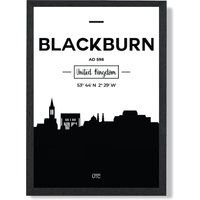 ARTZE Blackburn Black & White City Skyline Framed Print SIZE: A2 with Black Frame | Size: A4