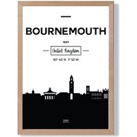ARTZE Bournemouth Black & White City Skyline Framed Print SIZE: A4 with Oak Frame