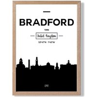 ARTZE Bradford Black & White City Skyline Framed Print SIZE: A4 with Oak Frame | Size: A2