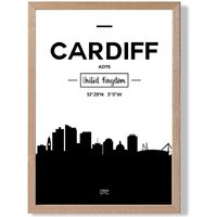 ARTZE Cardiff Black & White City Skyline Framed Print SIZE: A4 with Oak Frame