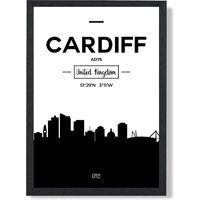 ARTZE Cardiff Black & White City Skyline Framed Print SIZE: A4 with Black Frame | Size: A3