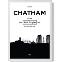 ARTZE Chatham Black & White City Skyline Framed Print SIZE: A2 with White Frame | Size: A3