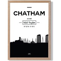 ARTZE Chatham Black & White City Skyline Framed Print SIZE: A3 with Oak Frame | Size: A2