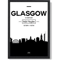 ARTZE Glasgow Black & White City Skyline Framed Print SIZE: A2 with Black Frame | Size: A4