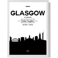 ARTZE Glasgow Black & White City Skyline Framed Print SIZE: A2 with White Frame | Size: A4