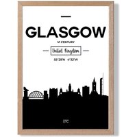 ARTZE Glasgow Black & White City Skyline Framed Print SIZE: A2 with Oak Frame | Size: A4