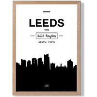 ARTZE Leeds Black & White City Skyline Framed Print SIZE: A3 with Oak Frame | Size: A4