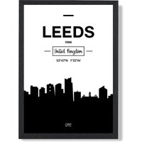 ARTZE Leeds Black & White City Skyline Framed Print SIZE: A4 with Black Frame | Size: A2