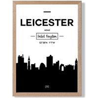 ARTZE Leicester Black & White City Skyline Framed Print SIZE: A4 with Oak Frame | Size: A3