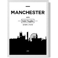 ARTZE Manchester Black & White City Skyline Framed Print SIZE: A3 with White Frame | Size: A4