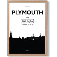 ARTZE Plymouth Black & White City Skyline Framed Print SIZE: A4 with Oak Frame