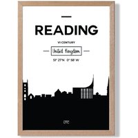 ARTZE Reading Black & White City Skyline Framed Print SIZE: A4 with Oak Frame | Size: A2