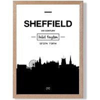 ARTZE Sheffield Black & White City Skyline Framed Print SIZE: A2 with Oak Frame | Size: A3