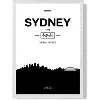ARTZE Sydney Black & White City Skyline Framed Print SIZE: A3 with White Frame | Size: A2