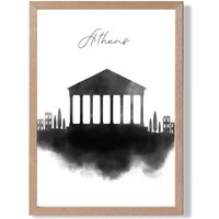 ARTZE Athens Watercolour Skyline City Framed Print SIZE: A4 with Oak Frame in Black | Size: A2