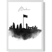 ARTZE Baku Watercolour Skyline City Framed Print SIZE: A4 with White Frame in Black | Size: A3