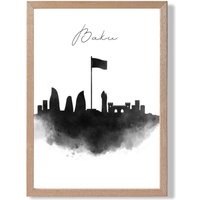 ARTZE Baku Watercolour Skyline City Framed Print SIZE: A3 with Oak Frame in Black | Size: A2