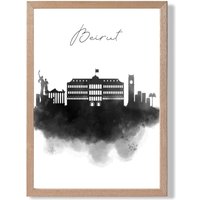 ARTZE Beirut Watercolour Skyline City Framed Print SIZE: A2 with Oak Frame in Black | Size: A4