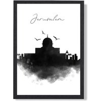 ARTZE Jerusalem Watercolour Skyline City Framed Print SIZE: A2 with Black Frame | Size: A4