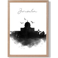 ARTZE Jerusalem Watercolour Skyline City Framed Print SIZE: A4 with Oak Frame in Black