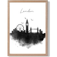 ARTZE London Watercolour Skyline City Framed Print SIZE: A3 with Oak Frame in Black
