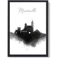 ARTZE Marseille Watercolour Skyline City Framed Print SIZE: A3 with Black Frame | Size: A4