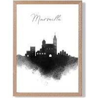 ARTZE Marseille Watercolour Skyline City Framed Print SIZE: A4 with Oak Frame in Black