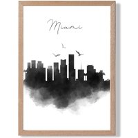ARTZE Miami Watercolour Skyline City Framed Print SIZE: A4 with Oak Frame in Black