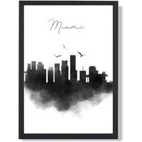 ARTZE Miami Watercolour Skyline City Framed Print SIZE: A2 with Black Frame