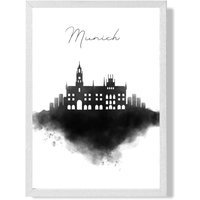ARTZE Munich Watercolour Skyline City Framed Print SIZE: A4 with White Frame in Black
