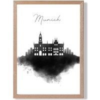 ARTZE Munich Watercolour Skyline City Framed Print SIZE: A3 with Oak Frame in Black | Size: A2