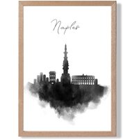 ARTZE Naples Watercolour Skyline City Framed Print SIZE: A2 with Oak Frame in Black | Size: A4