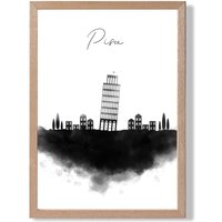 ARTZE Pisa Watercolour Skyline City Framed Print SIZE: A2 with Oak Frame in Black | Size: A4