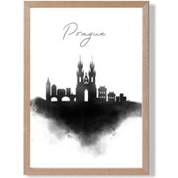 ARTZE Prague Watercolour Skyline City Framed Print SIZE: A4 with Oak Frame in Black